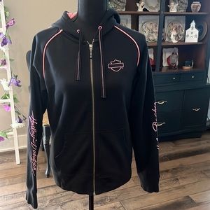 Harley Davidson Women Jacket Full Zip Hoodie Embroidered Pink and White Size M